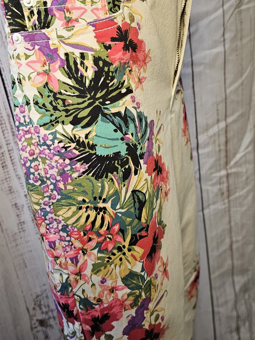Bisou Bisou Tropical Floral Print Cream Skinny Jeans Size 28 Statement Botanical - Picture 3 of 5